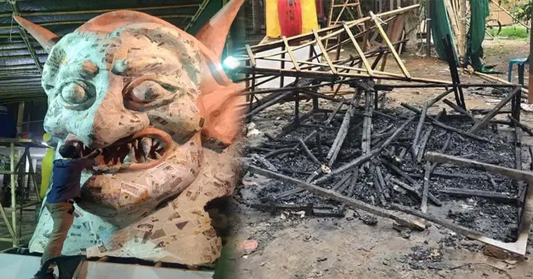 চারুকলায় আগুনে পুড়ে ছাই ‘ফ্যাসিবাদের মুখাকৃতি’